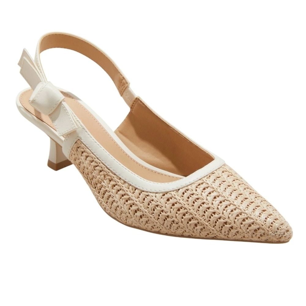 Milan Raffia Slingback Kitten Heels Beige Textile Sandals Casual Shoes Size 7.5